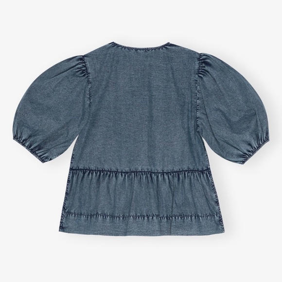 GANNI Sky Captain Blue Cotton Poplin Tie Blouse in size 12 - Picture 4 of 14